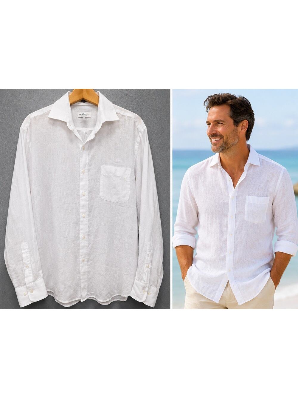 PETER MILLAR Crown Cool Mens XL 100% Linen Long Sleeve Shirt White Button-Up